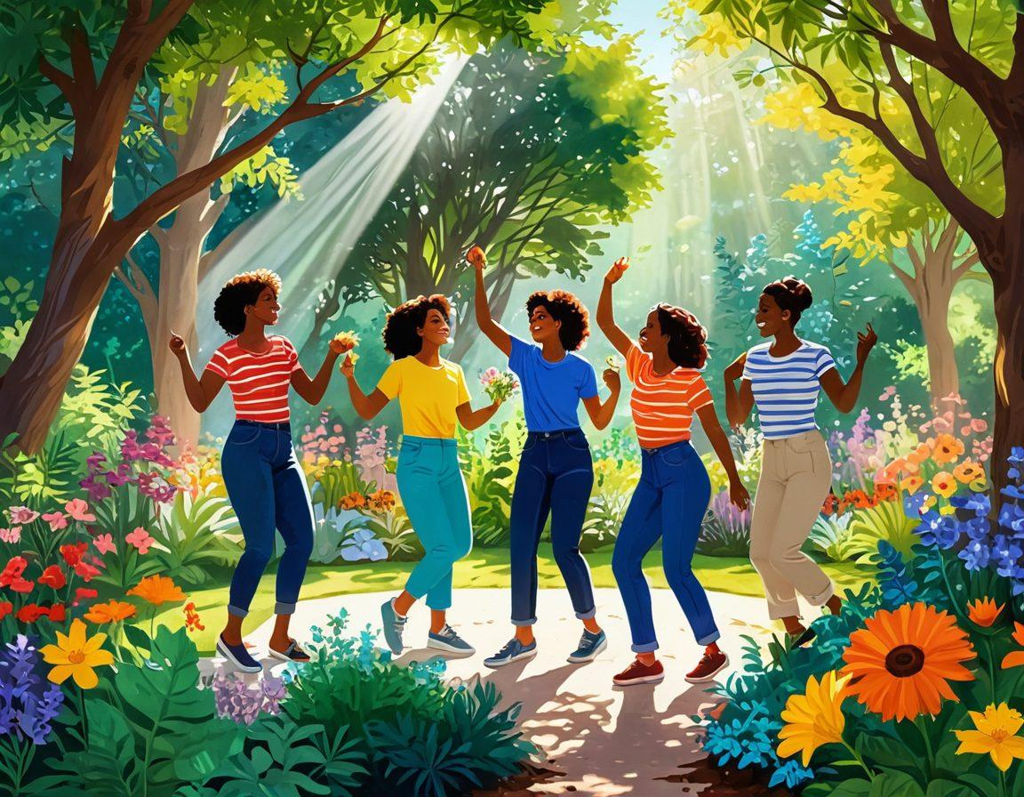 A vibrant and lush garden scene featuring diverse queer individuals engaging in joyful activities like dancing, painting, and planting flowers, surrounded by colorful flora and fauna, with rays of sunlight filtering through the trees, symbolizing connection to nature and well-being. The scene conveys a sense of harmony, inclusion, and celebration of nature’s beauty. super-realistic. vibrant colors. natural lighting.