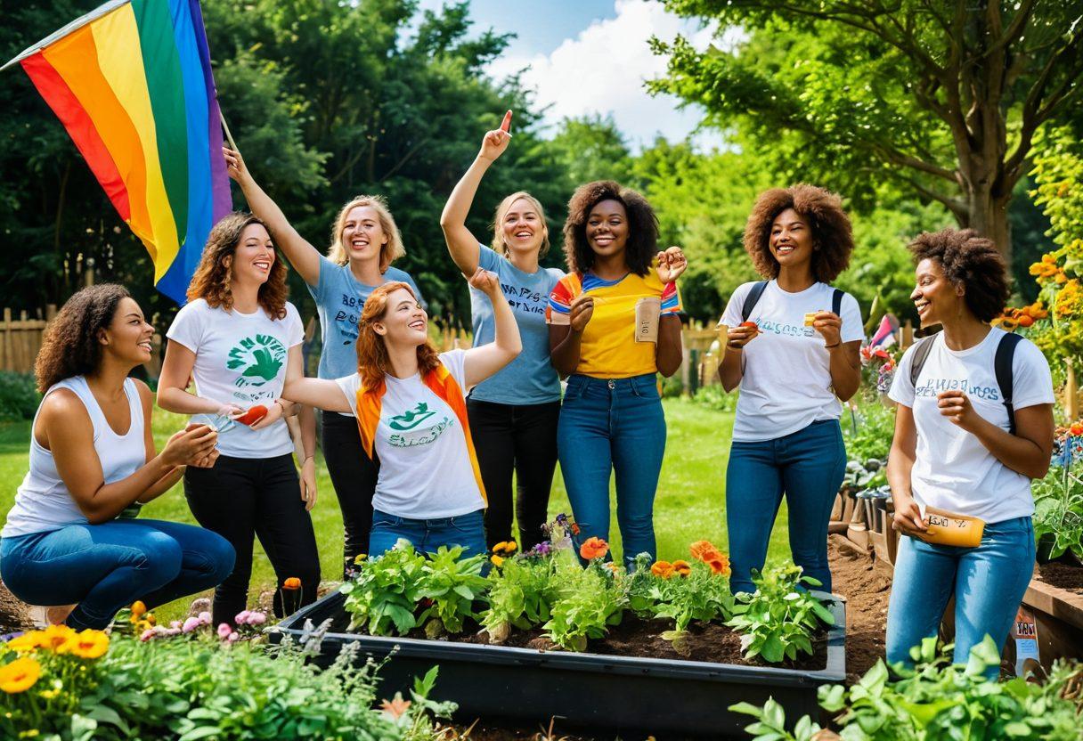A colorful, lively scene depicting a diverse group of LGBTQ+ individuals joyfully engaging in eco-friendly activities, such as planting a community garden, recycling, and enjoying nature. Bright flowers bloom around them, symbolizing unity and diversity, while sunlight filters through lush greenery. Incorporate symbols of pride, like rainbow flags, subtly woven into the environment. The atmosphere radiates happiness and well-being. super-realistic. vibrant colors. nature backdrop.