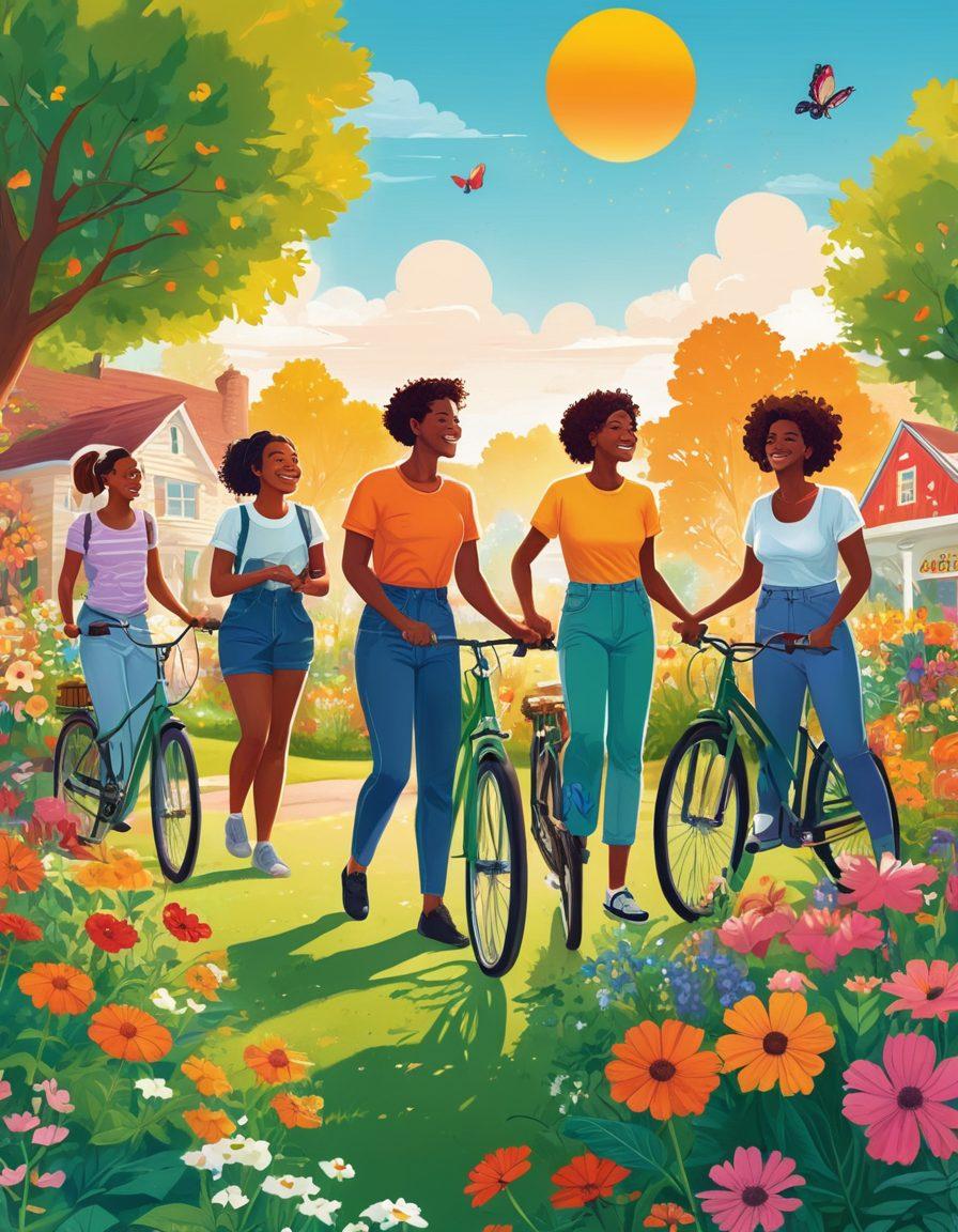 A colorful illustration depicting a diverse group of LGBTQ+ individuals joyfully engaging in eco-friendly activities, such as gardening, recycling, and using bicycles. The background features a vibrant community garden with blooming flowers and butterflies, symbolizing growth and happiness. Sunlight filters through lush green trees, casting a warm glow on the scene. The overall atmosphere radiates positivity and inclusivity. vibrant colors. vector art. cheerful and uplifting.